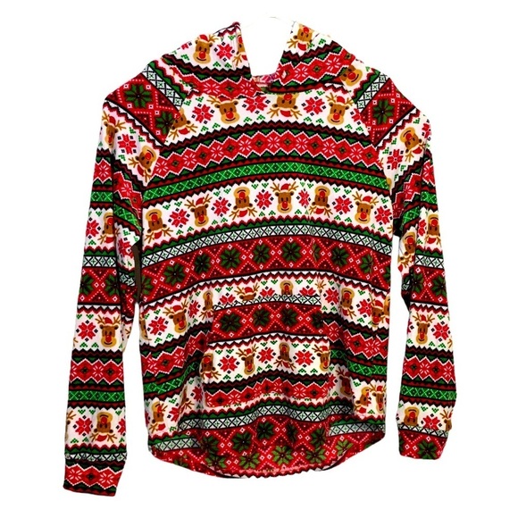 Ugly Christmas Sweater Hoodie Fair Isle Print Velvety Velour Front Pocket OS - Picture 6 of 14